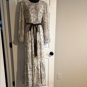 ANTONIO MELANI Ivory Floral Long Sleeve Maxi Dress with Olive Sash